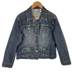 Chico's Platinum Bomber Denim Jean‎ Jacket Women Size 1= M/ 8 Blue Stretch Crop